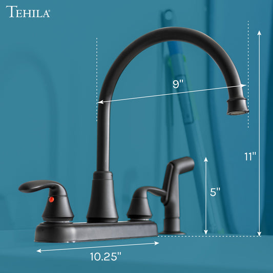 Tehila Black Finish Wide-set Gooseneck Faucet with Side Sprayer