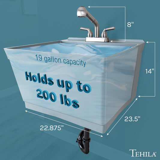 Tehila Standard Wall-Mounted Grey Utility Sink with Stainless Steel Finish Pull-Out Faucet