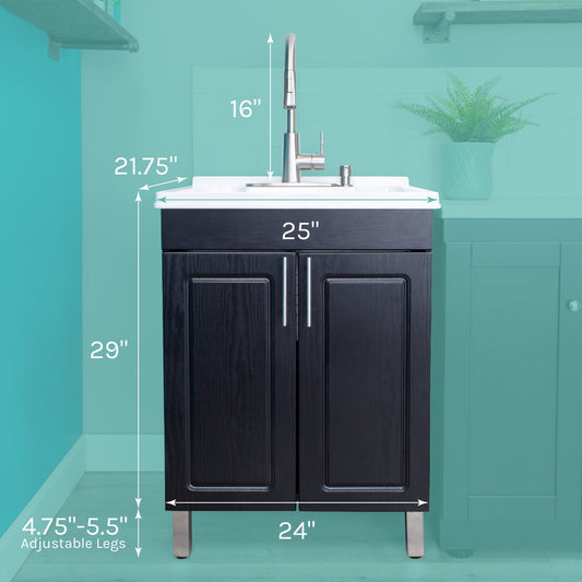 Tehila Black Vanity Cabinet and White Utility Sink with Stainless Steel Finish High-Arc Pull-Down Faucet