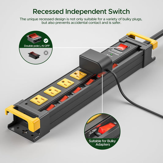 CRST 3300J Mountable Metal Surge Protector Power Strip with Recessed Individual Switches, 6FT Flat Plug Power Cord, ETL Listed