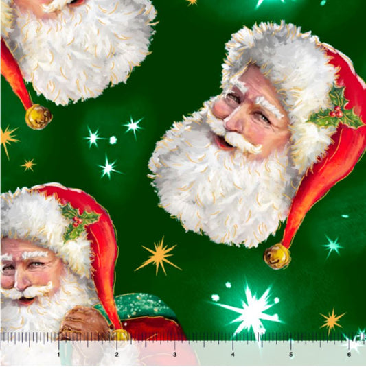 44 x 36 Tossed Santa Heads On Green Quilting Treasures 100% Cotton Christmas
