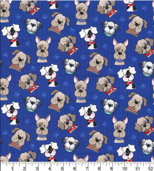 Fabric Traditions Patriotic Tossed Dogs on Blue 100% Cotton By the Yard