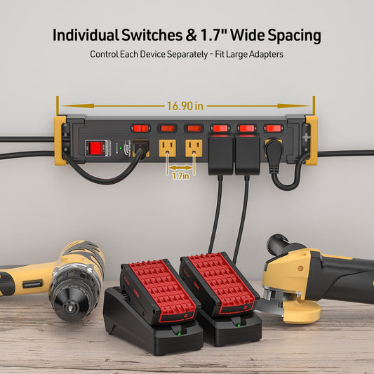CRST Mountable 6-Outlets Individual Switches Metal Power Strip Surge Protector with Cord Holder 6FT Flat Plug Power Cord 1020J Protection 36 Months Warranty