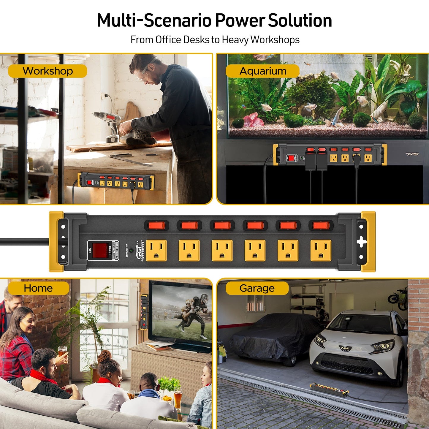 CRST Mountable 6-Outlets Individual Switches Metal Power Strip Surge Protector with Cord Holder 6FT Flat Plug Power Cord 1020J Protection 36 Months Warranty