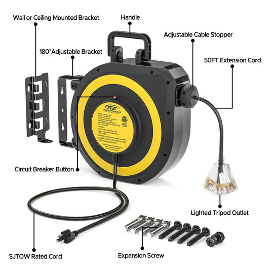 CRST Retractable Extension Cord, 50FT Cord Reel with 14AWG/13A/SJTOW, UL Listed, Lighted Triple Tap with Reset Button and Adjustable Stopper