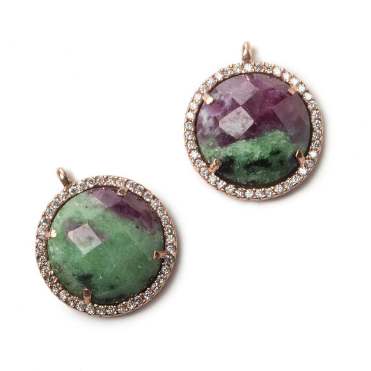 17mm Rose Gold Bezel White CZ and Ruby in Zoisite Coin Pendant 1 focal bead