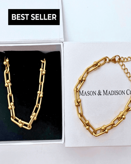 18K Gold Link Chain Necklace Bracelet Bundle Set