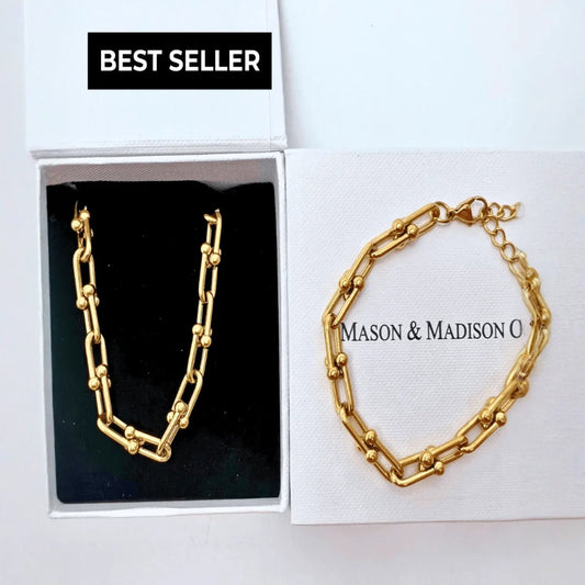 18K Gold Link Chain Necklace Bracelet Bundle Set