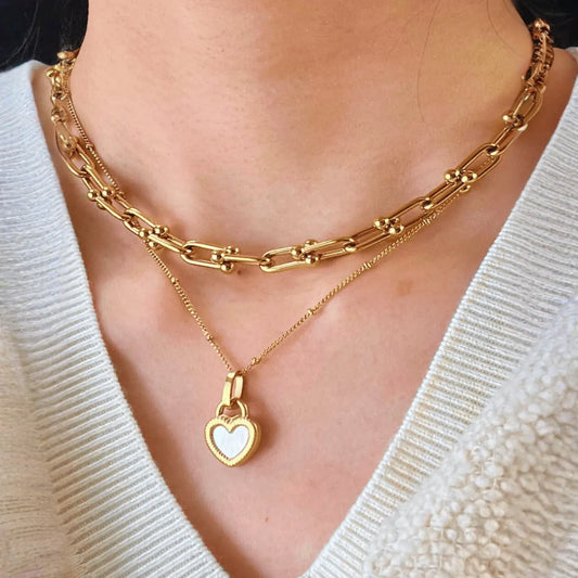 18K Gold Link Chain + Heart Pearl Pendant Necklace Stack Bundle