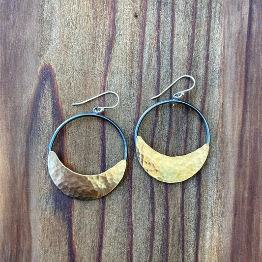 Crescent Moon Hoop Earrings in Oxidized Silver and Brass | Moon Phase Earrings