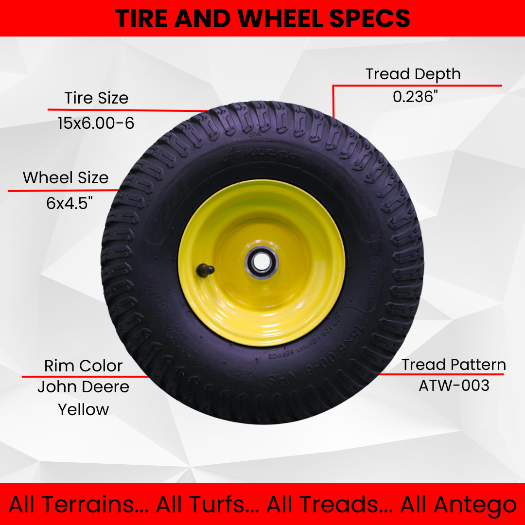 Antego Tire & Wheel (Set of 2) 15x6.00-6 Tire and Wheel Assemblies, ATW-003, 4 Ply Turf Tires, .75" Precision Ball Bearings, John Deere 15x6.00-6NHS Lawn Mower Tires, John Deere Front Tires 15x6.00-6