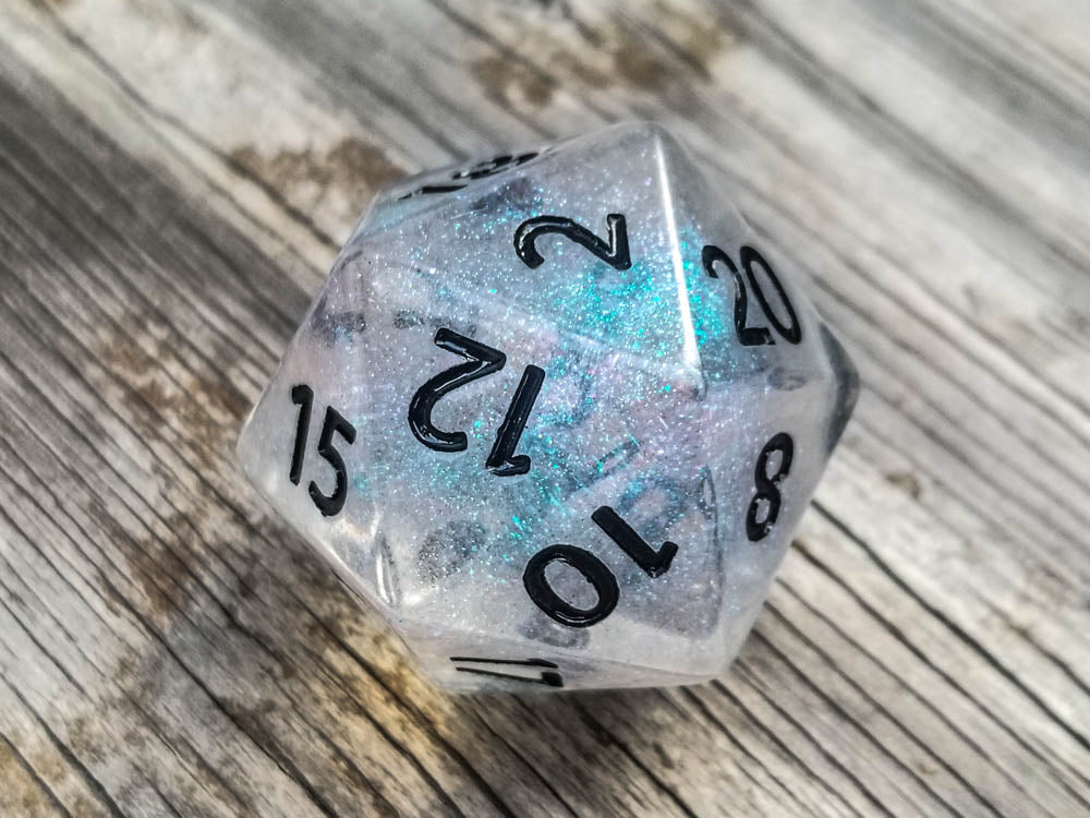 The Time Walker | Clear Glitter 34mm d20 CHONK RPG Dice Set w/Black
