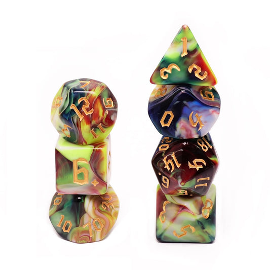 Secret Garden 7-Dice Set Blue/White/Green/Red w/Gold Numbers Dnd Dice Set
