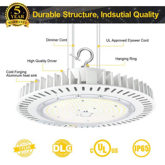 White LED High Bay Lights 150W 200W 240W 5000K 100-277V 0-10V Dim UFO High Bay LED Light for Workshop Garage Barn Factory with 5' Cable ETL DLC Listed