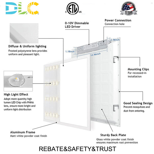 2x2 Back-Lit LED Flat Panel Ceiling Light, 30W 35W 40W Watt Tunable CCT 3500K 4000K 5000K Rotatable 0-10V Dimmable ETL DLC Listed 4-Pack