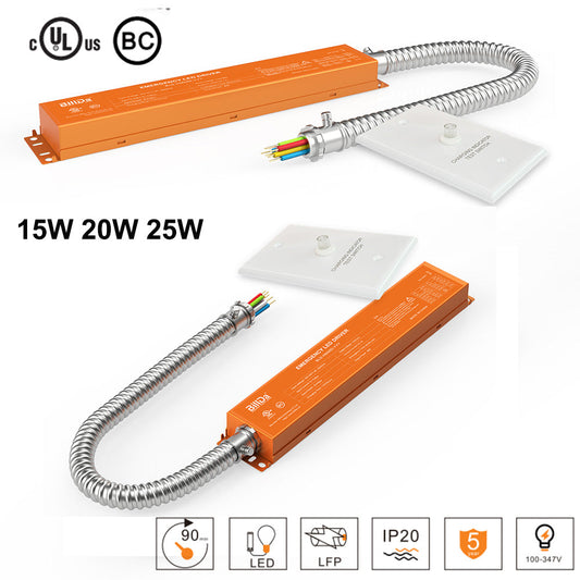 LED Emergency Backup Driver 8W 15W 20W 25W 100V-347V Rechargeable Backup Battery, Over 90mins EMT for LED Troffer, Panel and Tubes UL Listed