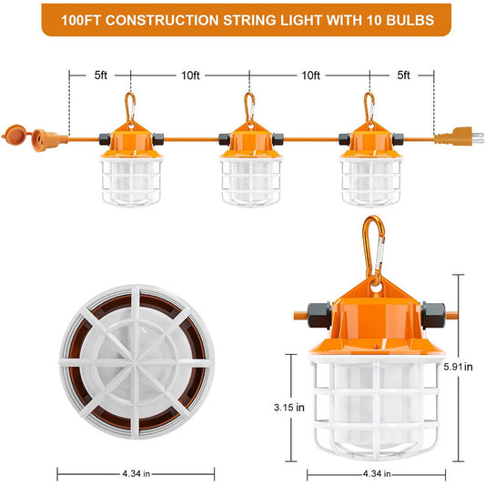100FT LED Work String Lights, 100W 10000LM 5000K AC100-277V Industrial Grade Construction String Light for Jobsite with 10 Bulbs & Hooks, ETL Listed