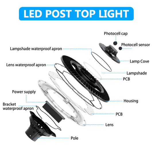 Led Post Top Light with Photocell 60W 80W 100W 120W 150W 200W 5000K Waterproof Outdoor Circular Area Pole Lights for Garden Yard Street UL DLC listed