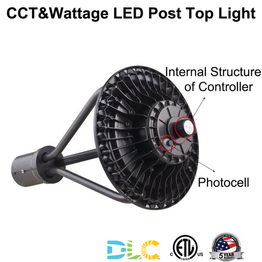 Outdoor Post Top Light with Dusk to Dawn Photocell, 30W 50W 75W 100W 150W 3000K-4000K-5000k LED Circular Street Area Pole Lights DLC ETL Listed