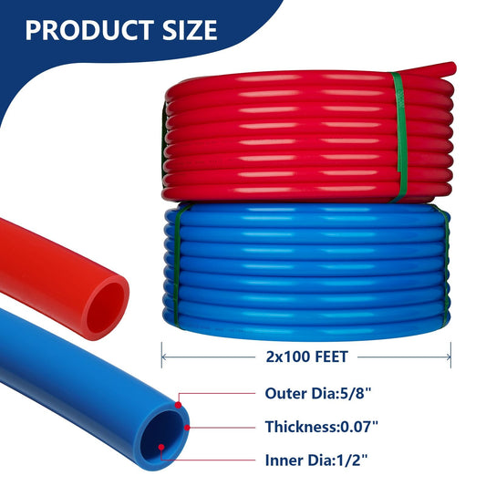 1/2" 2 x100ft, 200ft PEX-B Tubing (Blue & Red), Brass PEX Fittings, Crimping Tool, Cinch Clamps, Cutter, J Clamps (All in One Bundle)