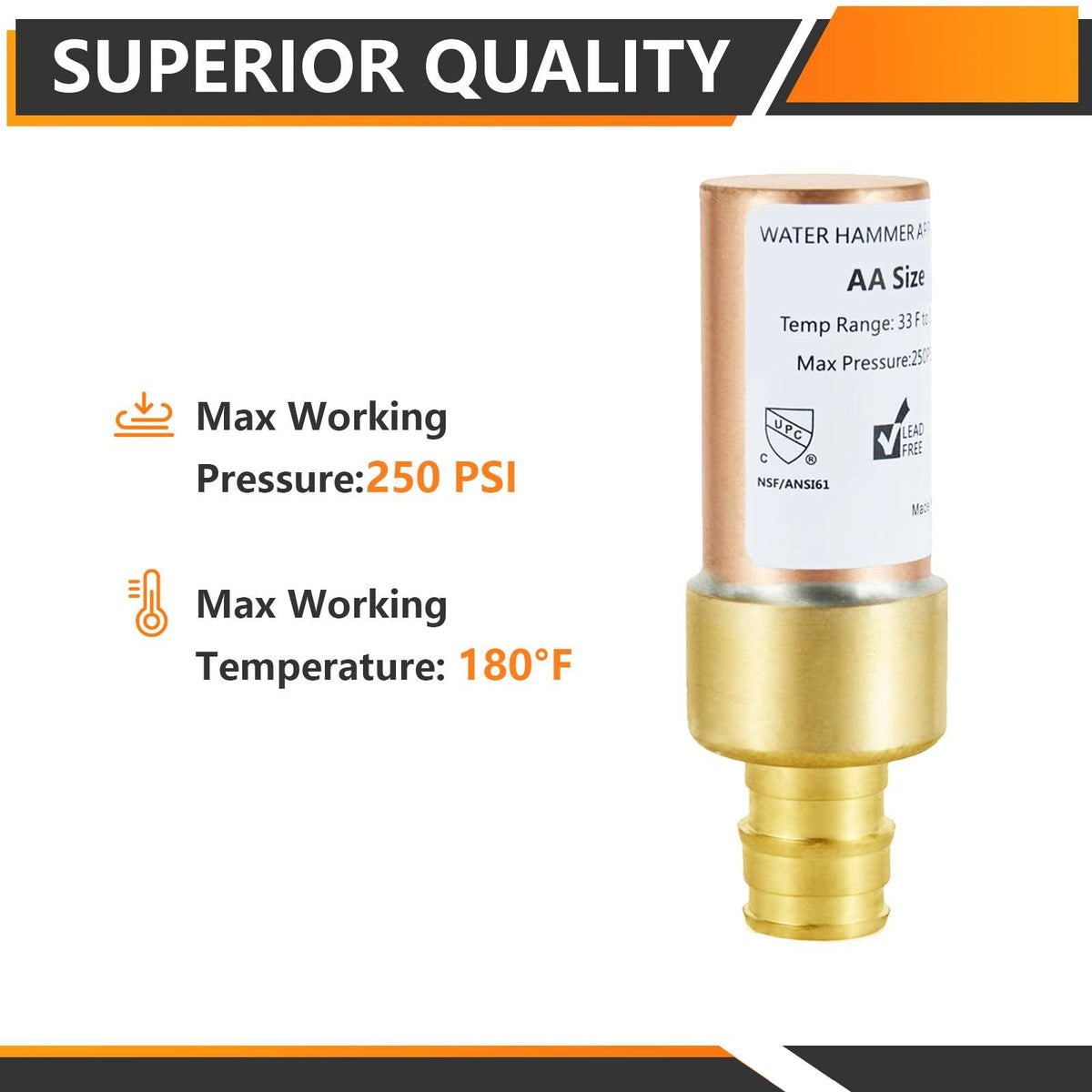 1/2" PEX-A Expansion Connection, Straight Water Hammer Arrestor, Copper
