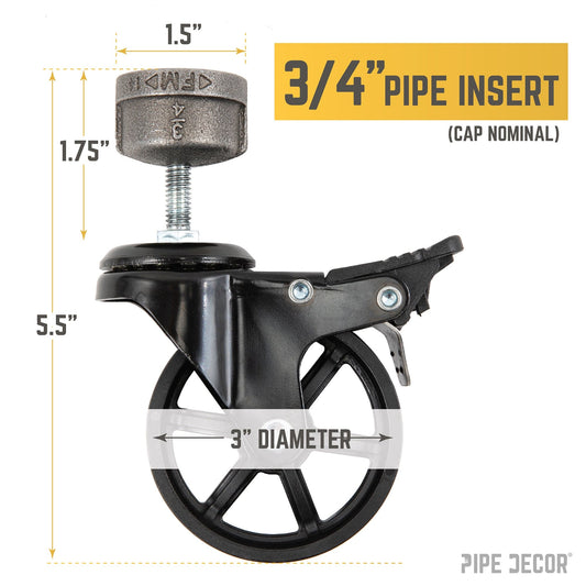 Swivel Caster Wheels for ¾” Pipe with Locking Mechanism (4-Pack)