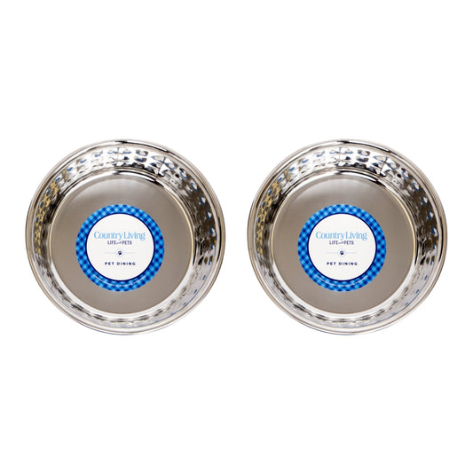 Country Living Set of 2 Hammered Stainless Steel Dog Bowls – Ideal for Extra Large Breeds – Rose Quartz/64oz