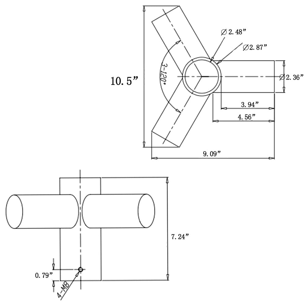120 Degree Triple Horizontal Tenon Adaptor, Y Shape Pole Top Mount Bracket Tenon Adapter for 3 2-3/8inch Slip Fitter LED Street Area Light Fixture