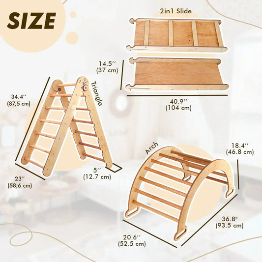 4in1 Montessori Climbing Set: Triangle Ladder + Climbing Arch + Slide Board & Cushion – Beige