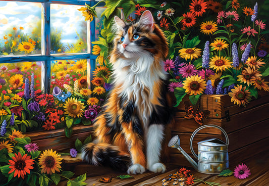1000 Piece Jigsaw Puzzle, Blooming Cat Meditation, Cat puzzle, Flower scenery, Charming view, Adult Puzzle, Castorland C-105342-2