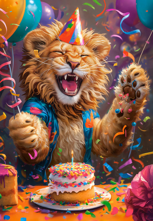 1000 Piece Jigsaw Puzzle, Happy Birthday!, Joyful lion, Party scene, Funny and humorous scene of animal, Adult Puzzle, Castorland C-105359-2