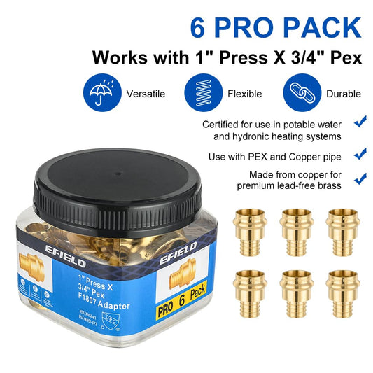 1" Press x 3/4" PEX Crimp Brass Adapter (Lead Free)