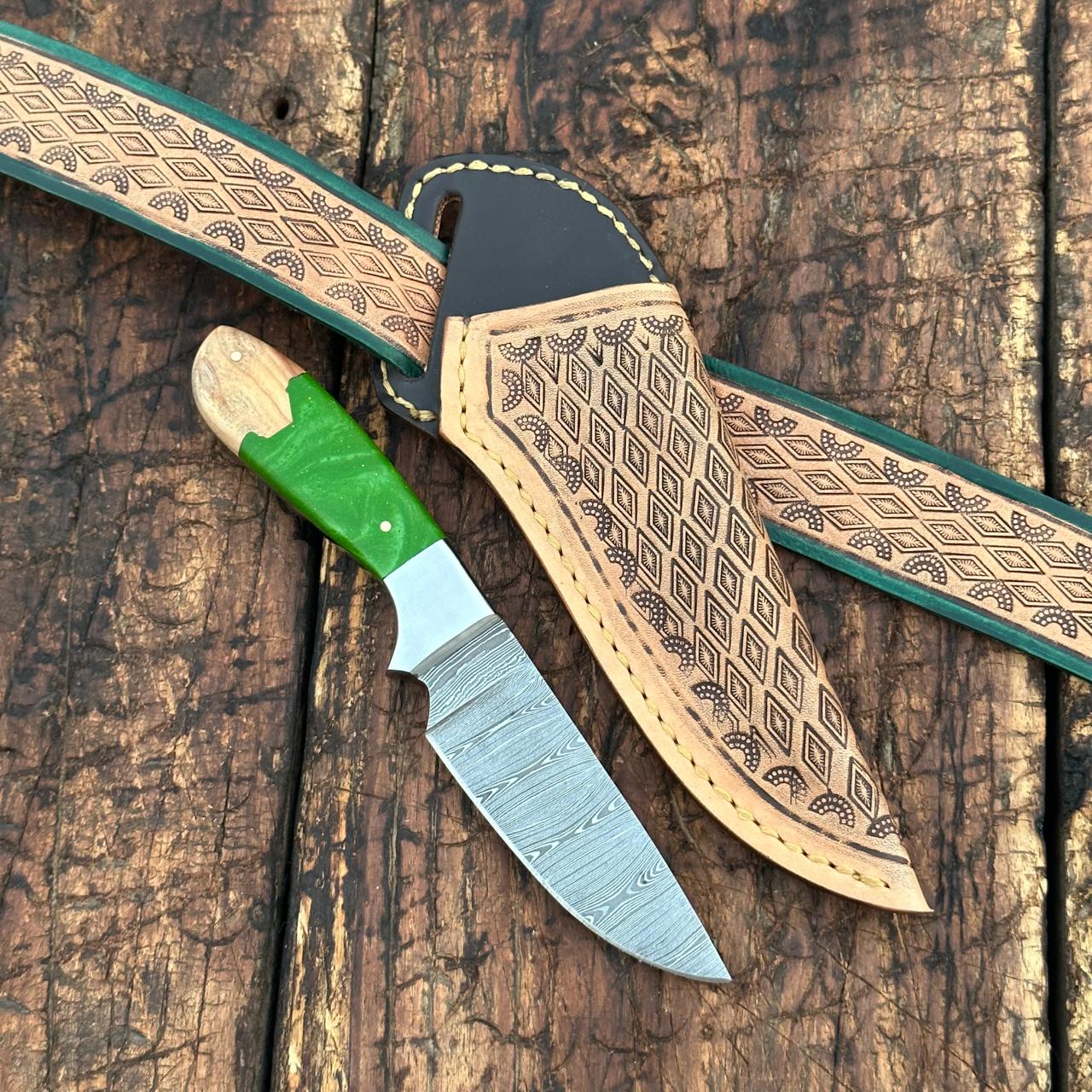 Yellowstone Damascus Skinner Knife with Hand tooled Sheath & Belt