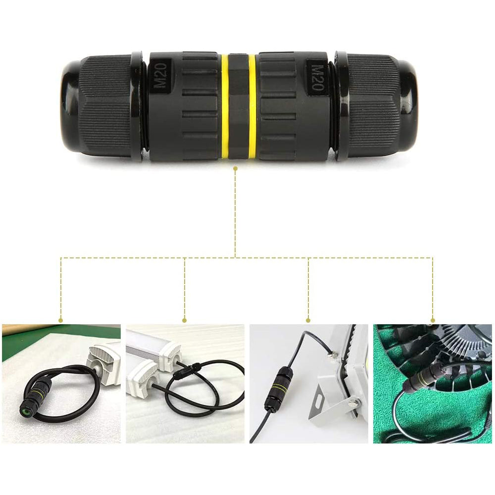 Wire Connector Waterproof IP68 External Electrical Junction Box, M20 Straight Joint for Ø5-12mm Wire Range(AC 400V, 24A), 2 Way 3Pin, UL-2Pack