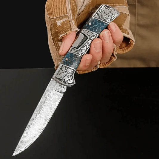 Wraith Damascus Pocket Knife with Honeycomb Resin Handle