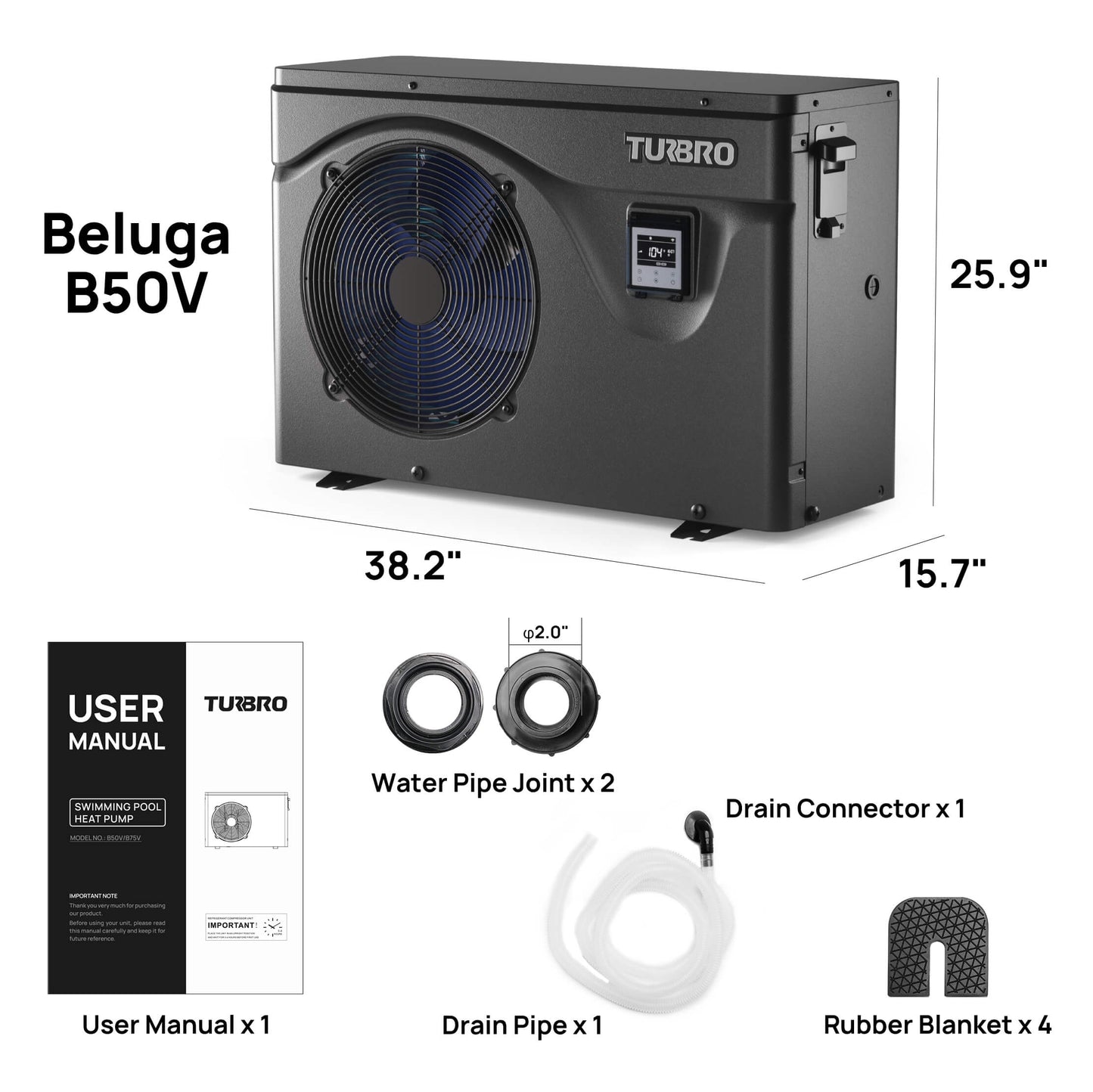 Beluga Inverter Swimming Pool Heat Pump, 50K/75K BTU