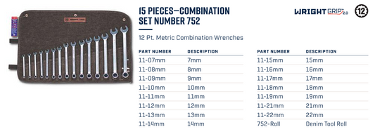 Wright Tool WRIGHTGRIP® 2.0 12 Point Combination Wrench Set 15 Piece Metric 752