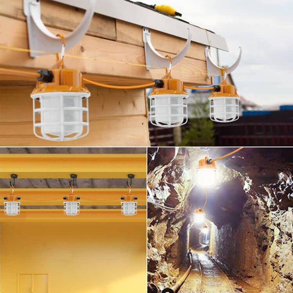 100FT LED Work String Lights, 100W 10000LM 5000K AC100-277V Industrial Grade Construction String Light for Jobsite with 10 Bulbs & Hooks, ETL Listed
