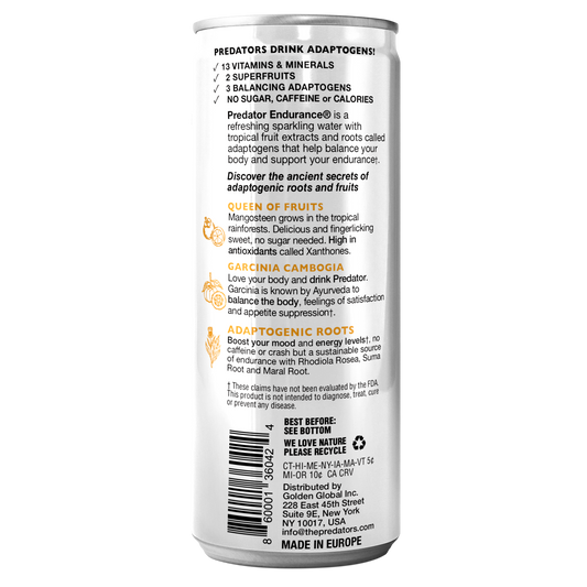 Predator Endurace White - Mangosteen Blackcurrant - Adaptogens: Rhodiola Rosea, Leuzea Root and Suma Root - No caffeine and No sugar - 12-pack