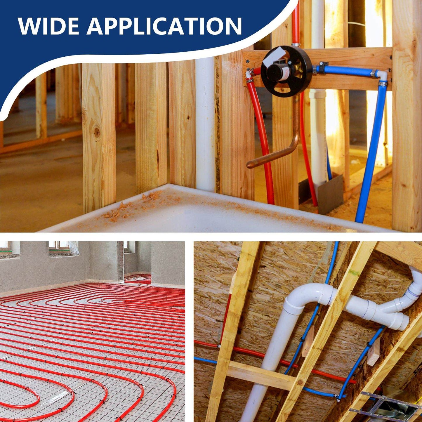 1/2" 2 x100ft, 200ft PEX-A Tubing (Blue & Red), 1/2" Poly Expansion Elbow & Tee & Coupler (15 PCS), 1/2" Expansion Rings (50 PCS), 1/2" J Clamp (50 PCS), Pipe Cutter (1/2")