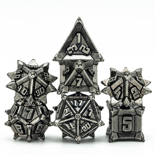 Vintage Silver Pinwheel Strengthened Metal 7-Dice Set | Metal DND Dice