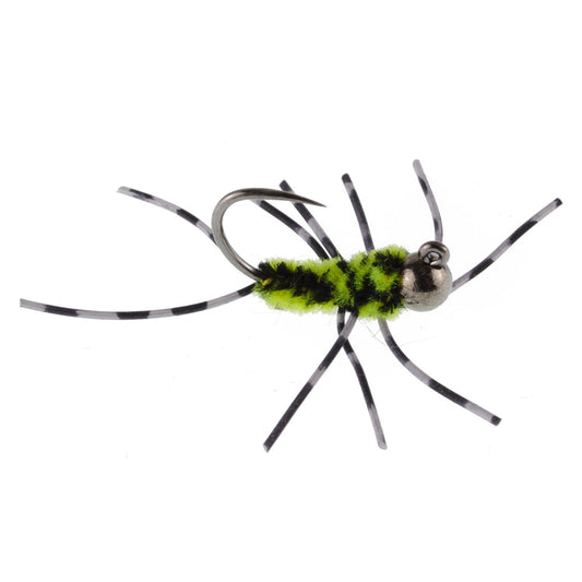 Barbless Pat's Barred Rubber Legs Tungsten Bead Jigged Black/Chartreuse Euro Nymph - Set of 12 Flies Hook Size 6