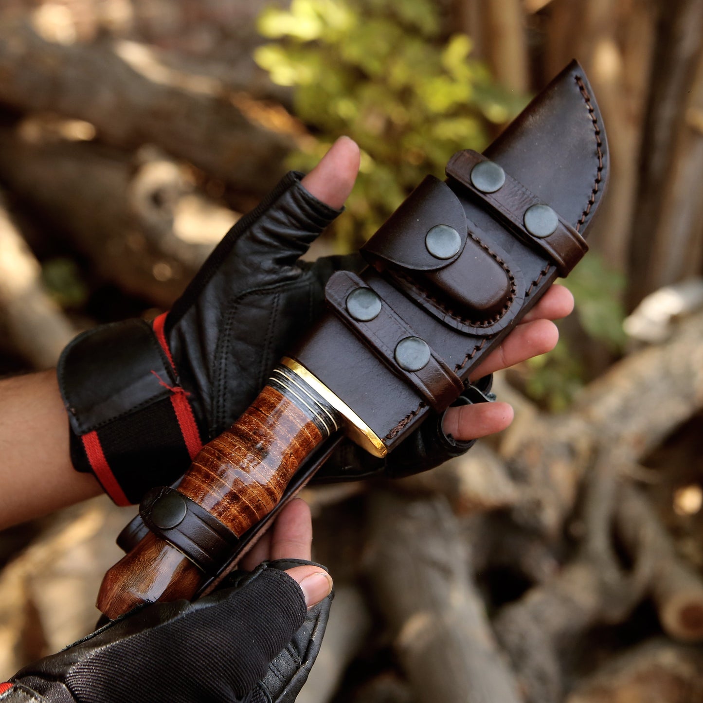 Hawk 11.5" Damascus Hunting Bowie Knife with Stacked Leather Handle