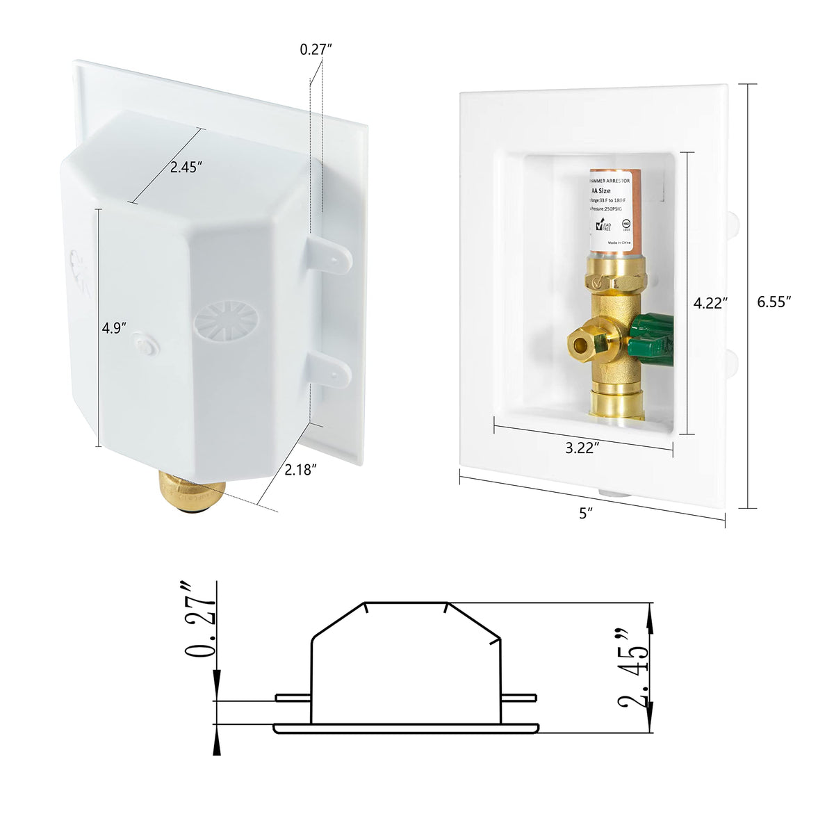 1/2" Sweat Inlet, Ice Maker Outlet Box, with Copper Water Hammer Arrestor