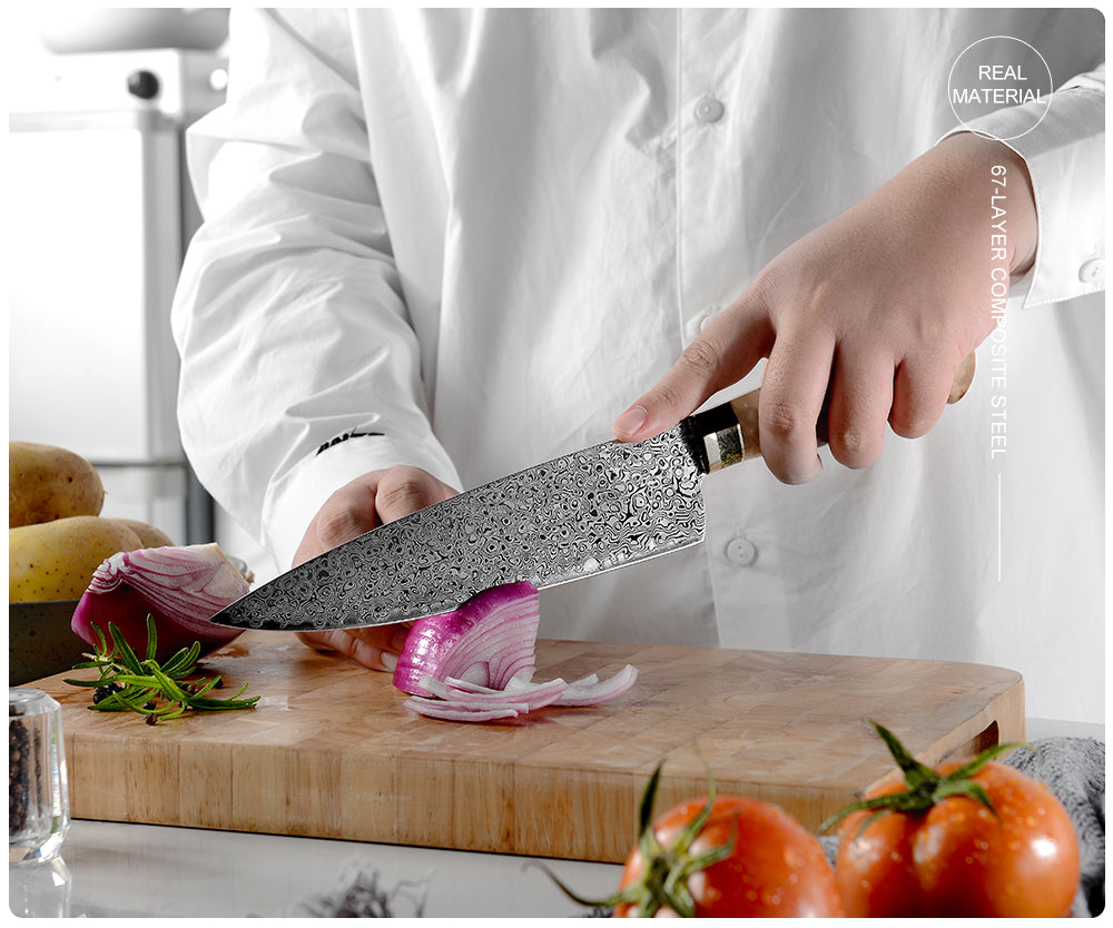 Shinobi VG10 Damascus Chef Knife 8" with Exotic Olive Wood Handle