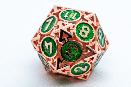 Single d6/d20 Rose Gold w/Green Deadly Arrow Dice