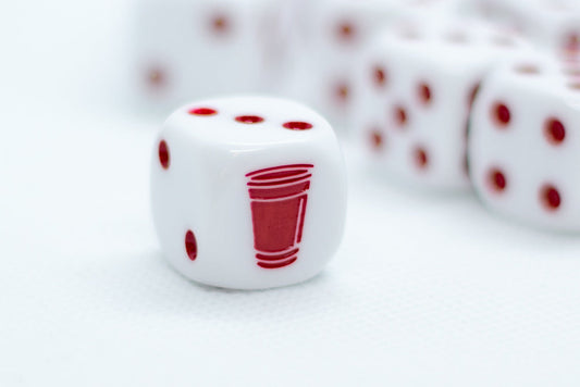 10-Pack Opaque White w/Red 16mm d6 Dice Featuring a Red Cup on the '1' side