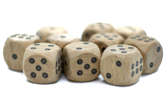10-Pack Birds-Eye Wooden 16mm d6 Dice w/ Black Dots Rounded Corners - Wood Dice