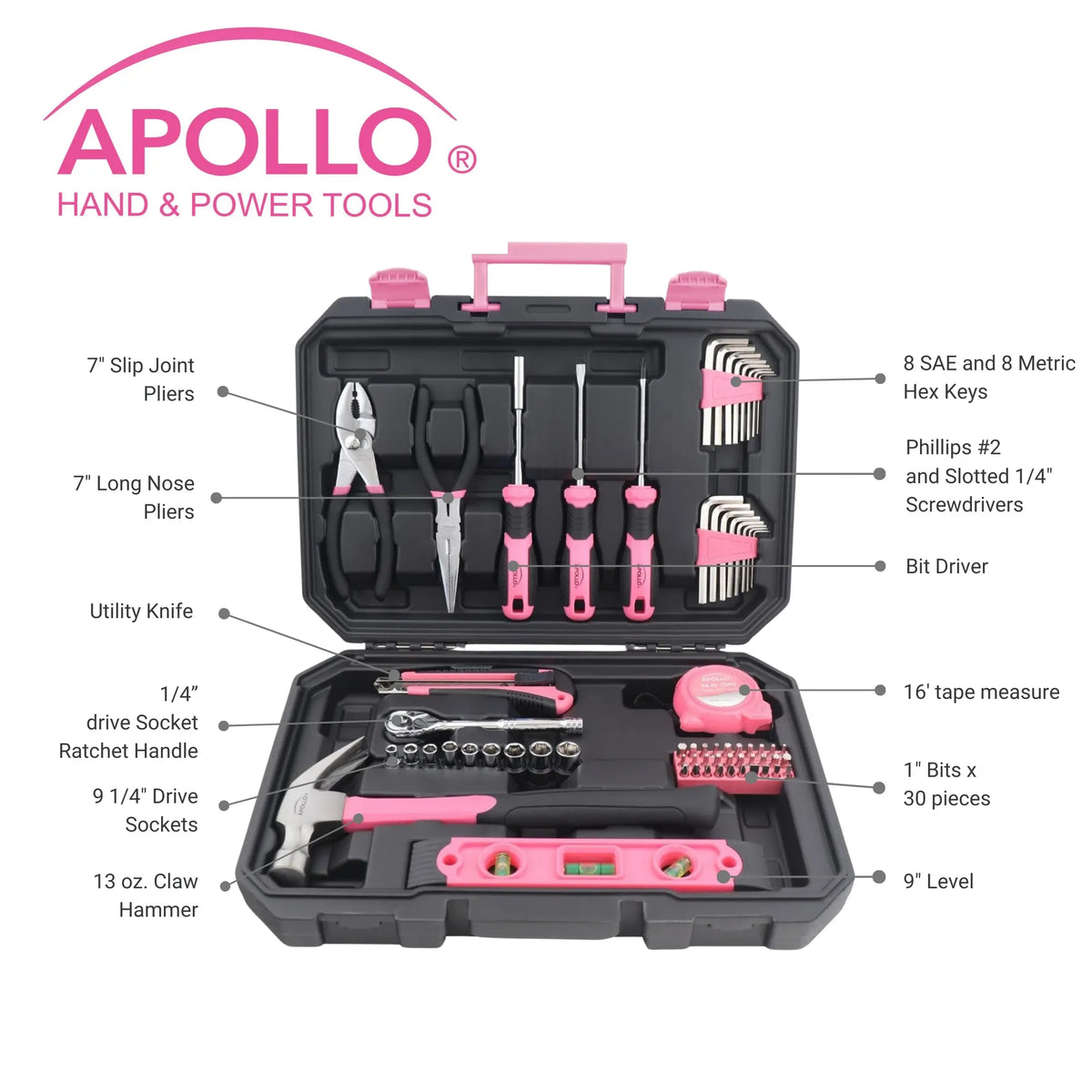 Essential 65-Piece Pink Tool Set with Socket Set and Most-Used Tools for Do it Yourself Repairs and Maintenance - DT0001P