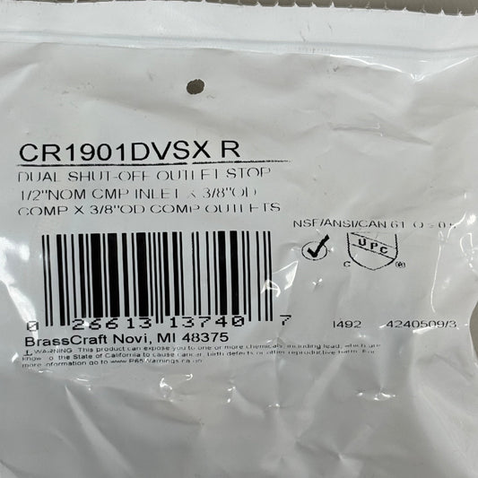 BRASSCRAFT Dual Shut Off Outlet Stop 1/2" NOm CMP In X 3/8" OD COMP CR1901DVSXR